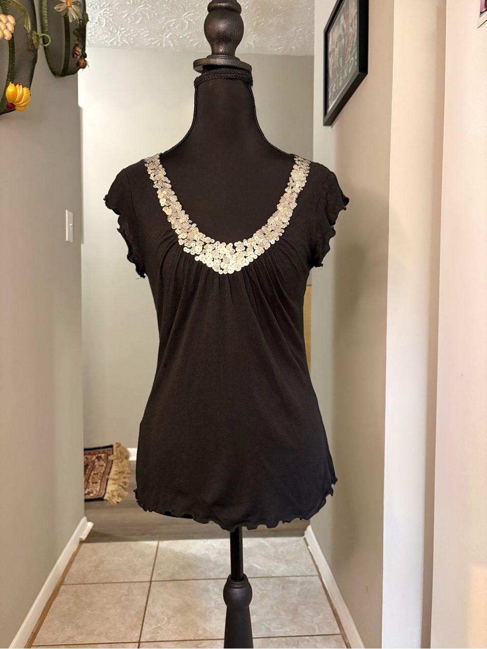 Express Black Scoop Neck Sequin-Trim Short Sleeve Top